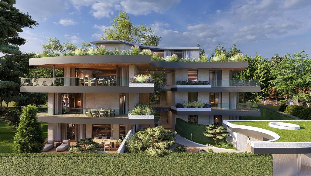 Habitat groupé contemporain à Bellevue, Genève, avec terrasses végétalisées.
